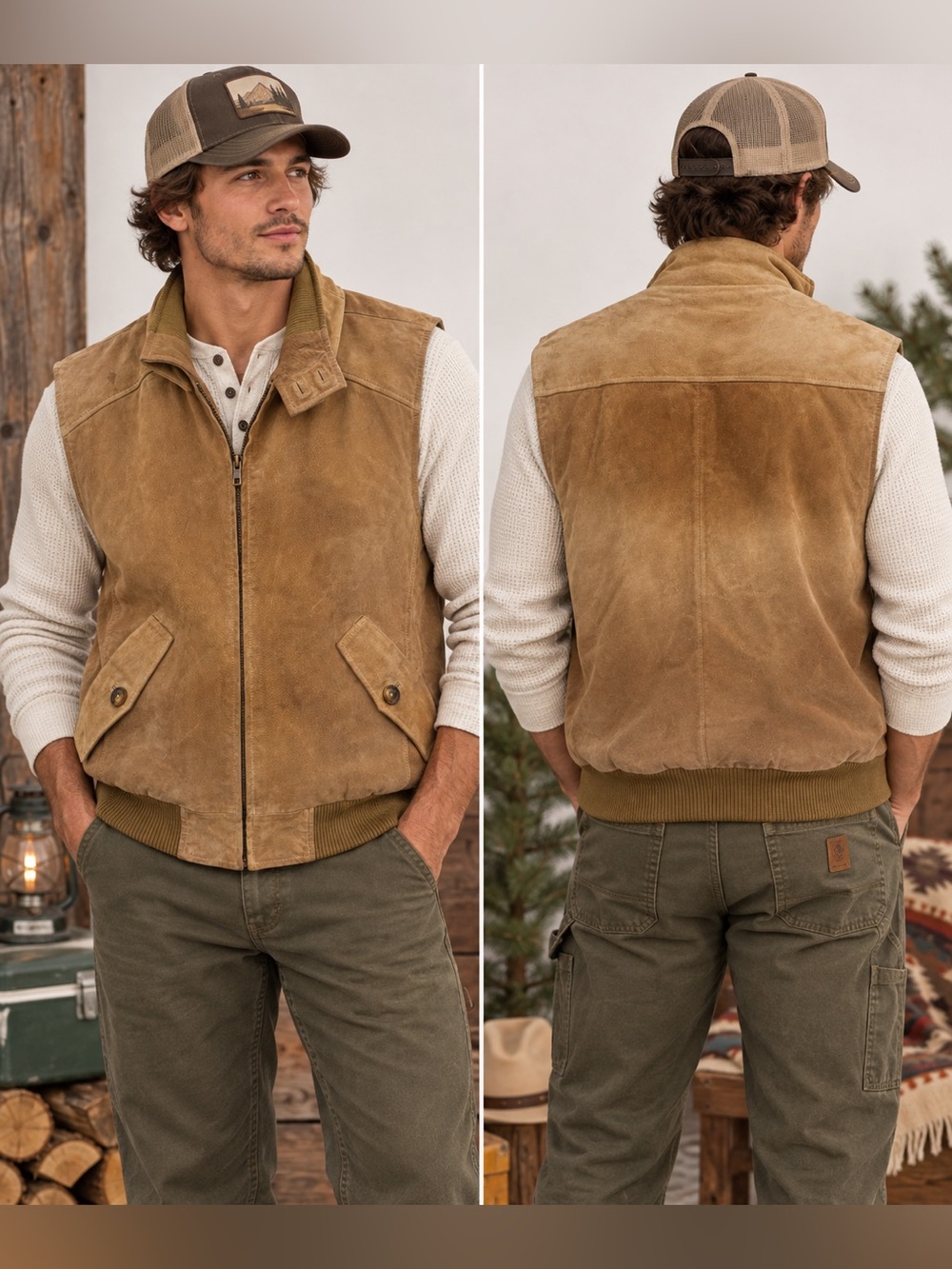 Orvis Men's Tan Ombré Rustic Earthy Genuine Leather Suede Zip Front Vest Large